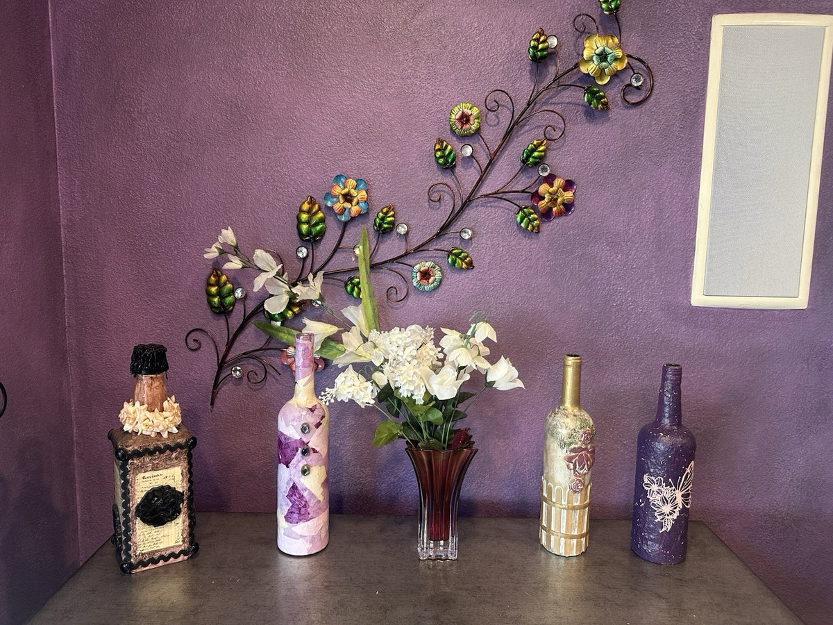 Hand-Painted Upcycled Glass Vase with Black, White, Pink tones with Flowers, Flower details with Decoupaged, Decoupage, hand-painted, Aged…