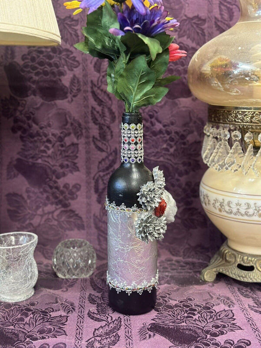 Hand-Painted Upcycled Glass Bottle with Black, Wine tones with Embellished finish, view 2