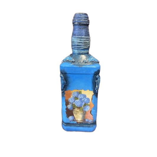 Upcycled Jack Daniel'S Bottle Decor with Blue, Royal Blue tones with Decoupage, Stained Glass, hand-painted finish, view 2