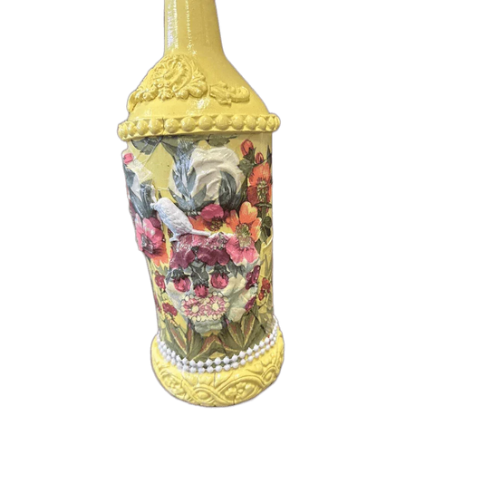 Decorative Wine Bottle Glass Vase Upcycled Hand Painted Yellow Floral - Stylin Spirit