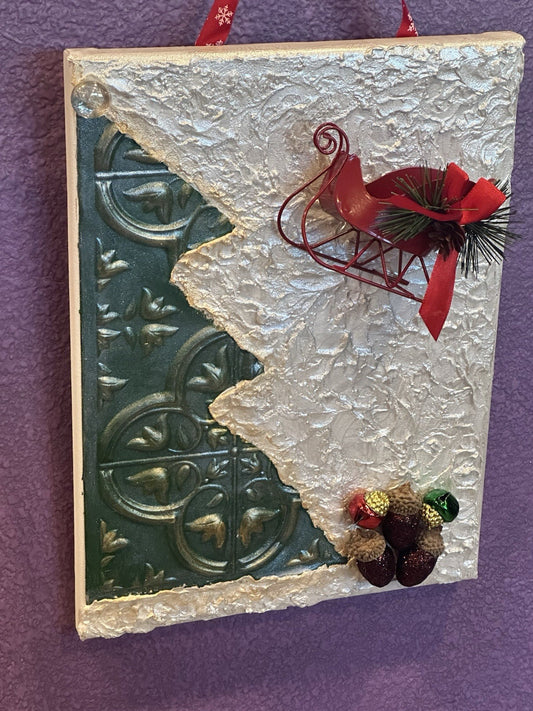 Door Sign Wall Hanging Canvas Picture Christmas Tree Sleigh Holiday