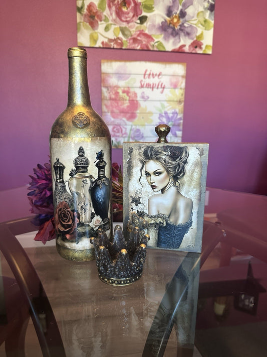 Decorative Glass Bottle And Wood Sign Black Gold Vintage Perfume Bottles Crown
