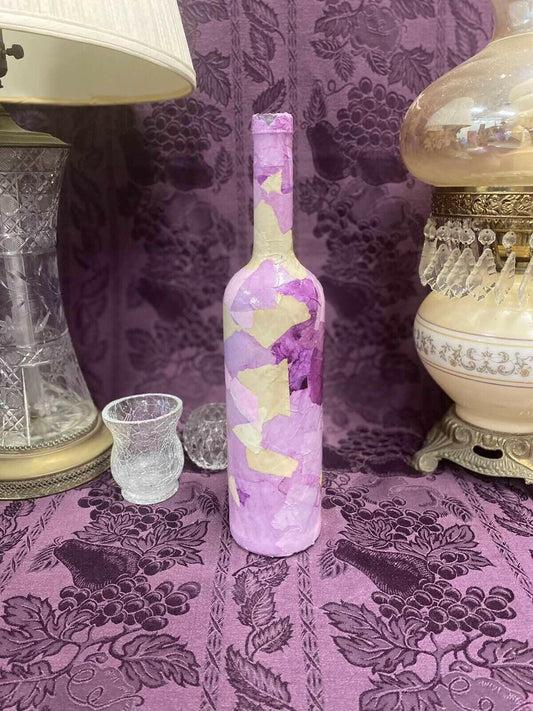 Hand-Painted Upcycled Glass Bottle with Purple, Wine tones with Patchwork details with Stained Glass, hand-painted finish, view 2