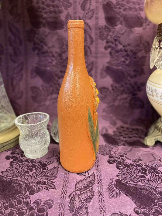 Hand-Painted Upcycled Glass Bottle with Wine tones with Flower, Sunflower details with Stained Glass, hand-painted finish, view 2