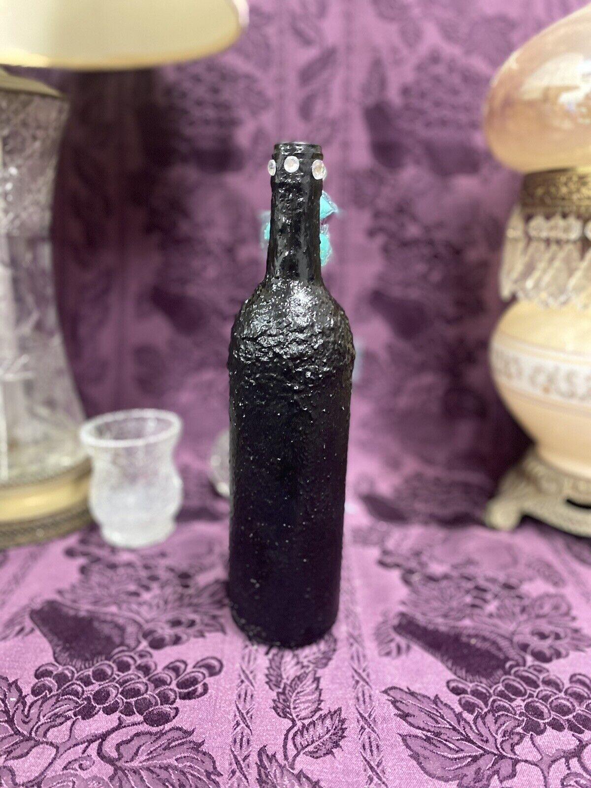 Hand-Painted Upcycled Glass Bottle with Black, Blue, Tiffany Blue, Wine tones with Stained Glass, hand-painted finish, view 2