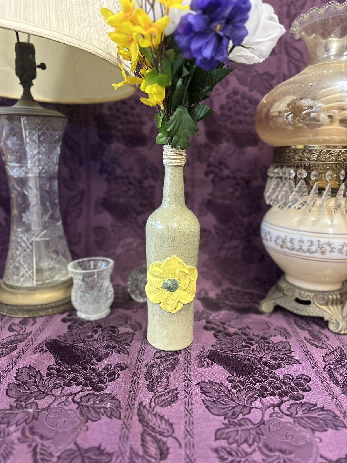 Hand-Painted Upcycled Glass Bottle with Green, Light Green, Yellow, Wine tones with Stained Glass, hand-painted finish, view 4