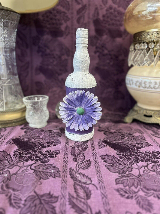 Decorative glass bottle deep purple textured paint & white crackle finish - Stylin Spirit