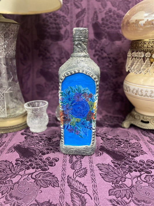 Decorative Tequila Bottle Stained Glass Hand Painted Upcycled Blue Faux Cement - Stylin Spirit