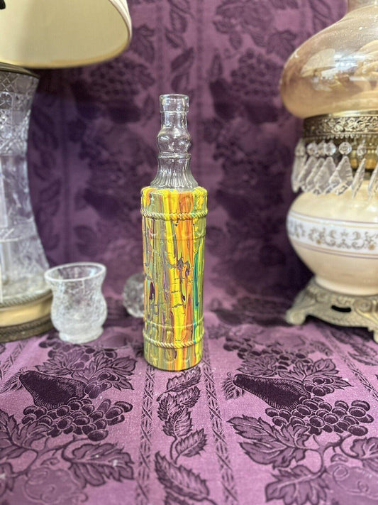 Decorative Upcycled Glass Bottle with Green, Yellow, Purple, Orange, Wine tones with Pirate details with hand-painted finish, view 2