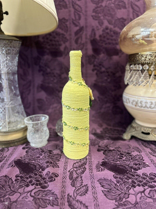 Hand-Painted Upcycled Glass Bottle with Green, Yellow, Wine tones with Flowers, Flower details with Wrapped finish, view 2