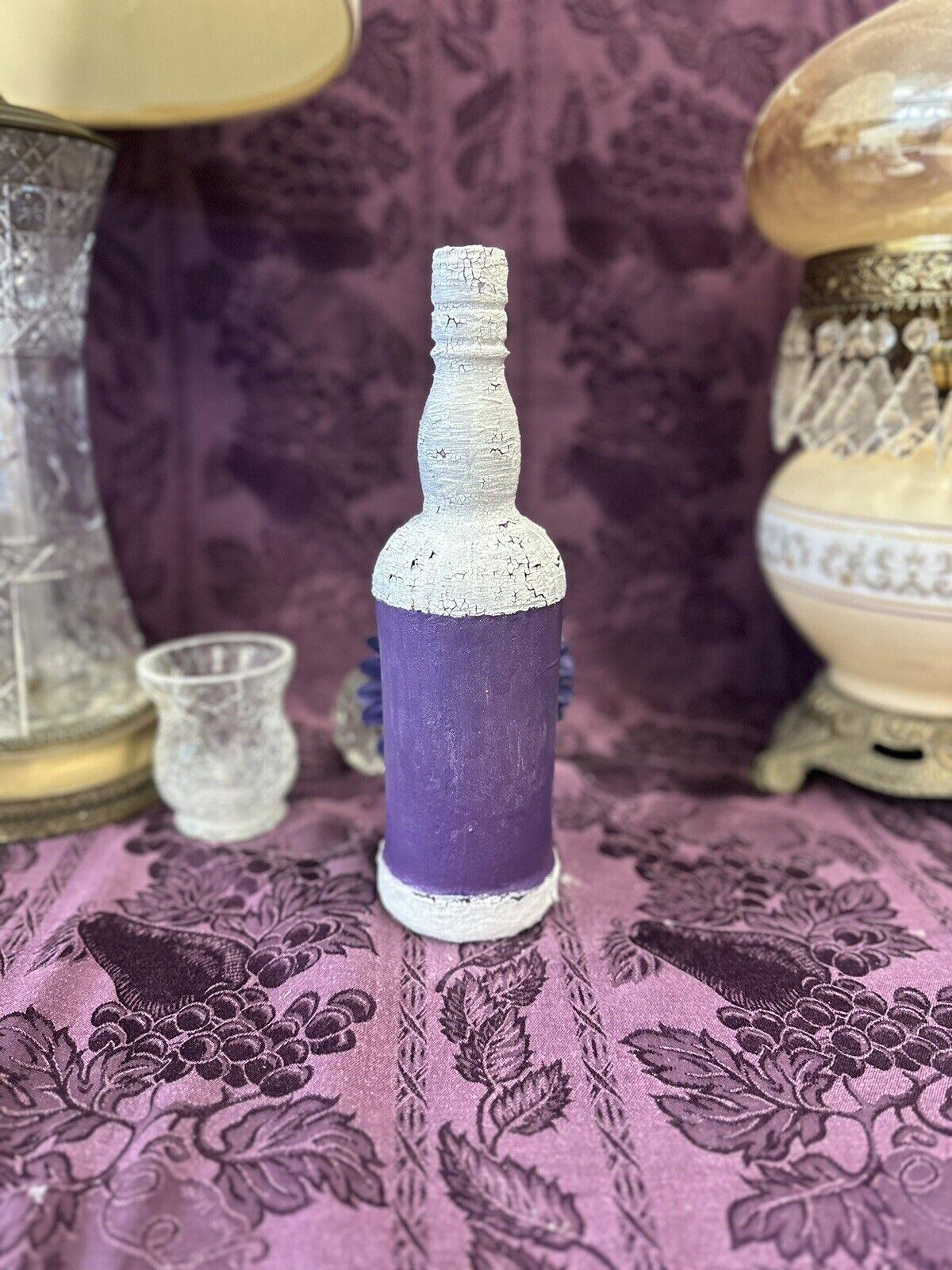 Hand-Painted Upcycled Glass Bottle with White, Red, Purple, Deep Purple tones with Crackle, Textured finish, view 3