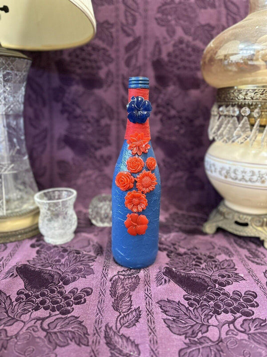 Decorative Wine Bottle Royal Blue Textured Finish & Red Resin Flowers - Stylin Spirit