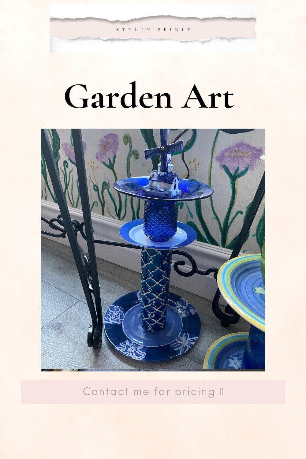 Whimsical Garden Art - Statue - Topiary - Repurposed Dishes and Ceramics Blue Windmill - Stylin Spirit