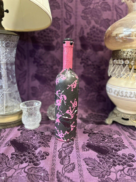Hand-Painted Upcycled Glass Bottle with Black, Pink, Hot Pink, Wine tones with Skull Cat details, view 2