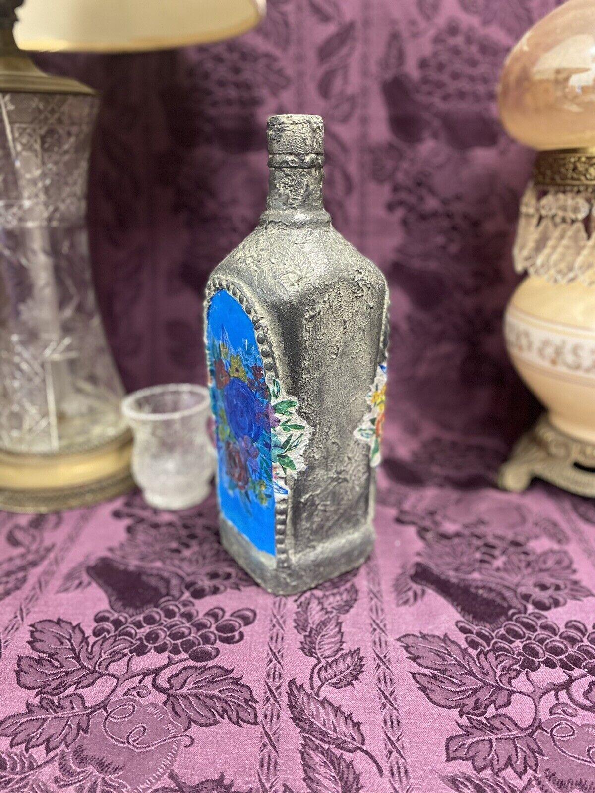 Upcycled Tequila Bottle Decor with Blue tones with Faux Cement details with Stained Glass, hand-painted, Faux Cement finish, view 3