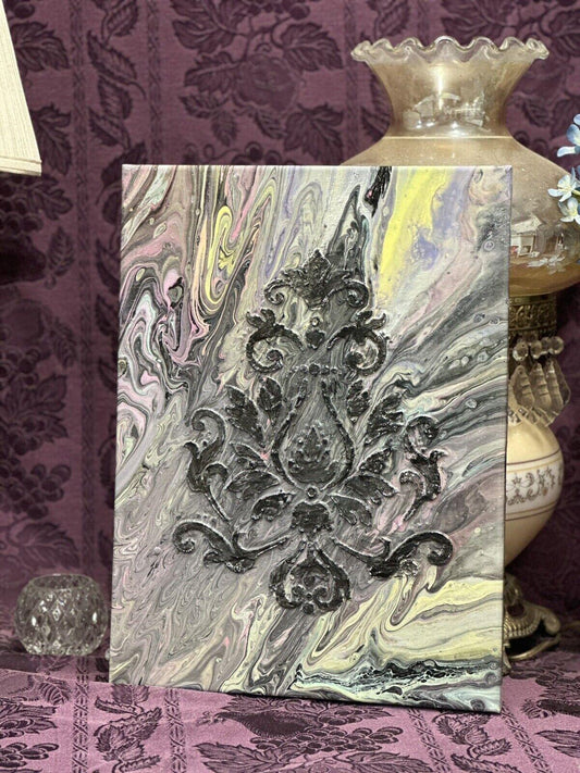 Hand painted Paint Pour 12 x 16 Pink White Gray Purple Black Wall Hanging Art - Stylin Spirit