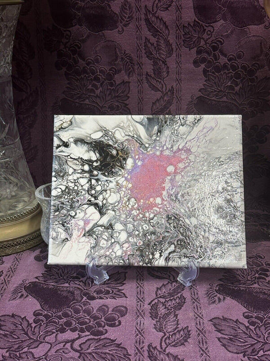 Hand painted Paint Pour 8 X 10 Pink White Black Flowers Wall Hanging Art - Stylin Spirit