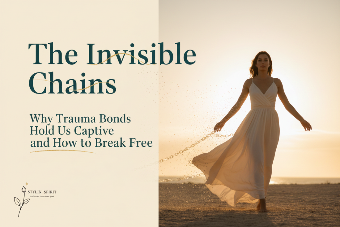Stylin' Spirit blog image for The Invisible Chains, showing a woman walking toward sunrise while symbolic chains dissolve into light to represent freedom from trauma bonds.