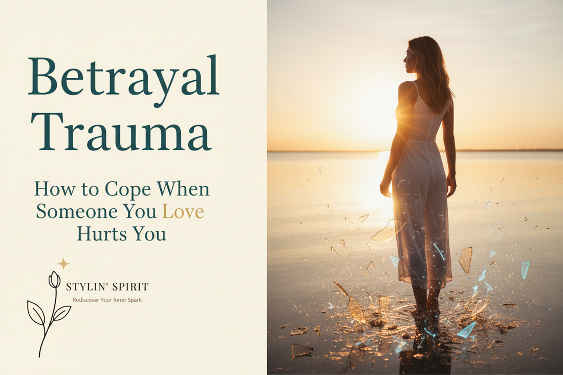Stylin' Spirit blog image for Betrayal Trauma, showing calm water at sunrise and broken glass transforming into light to represent healing, resilience, and hope.