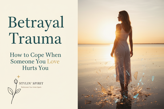 Stylin' Spirit blog image for Betrayal Trauma, showing calm water at sunrise and broken glass transforming into light to represent healing, resilience, and hope.