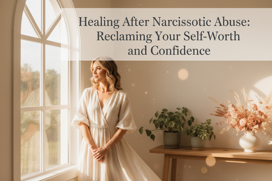 An uplifting, light-filled room featuring a large arched window with a woman standing peacefully in the background, overlaid with the blog title text: 'Healing After Narcissistic Abuse: Reclaiming Your Self-Worth and Confidence'