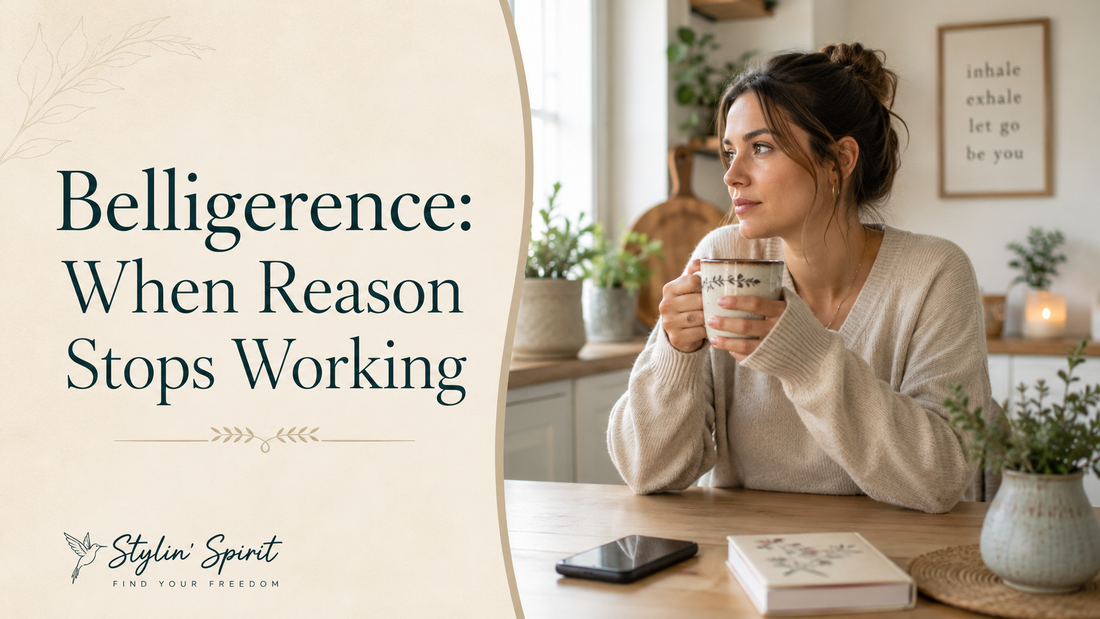Reader-centered hero image for Belligerence and Effective Communication, showing a woman pausing before responding in a grounded, everyday setting.