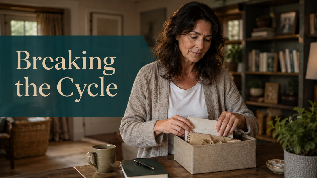Reader-centered hero image for Breaking the Cycle, showing a woman packing away old notes and choosing forward movement.