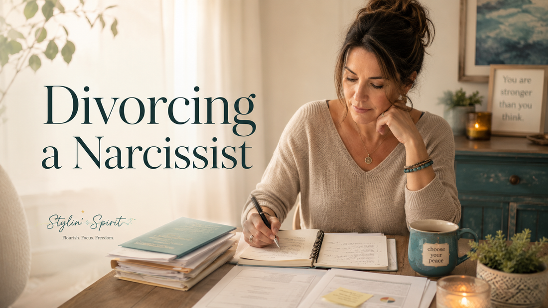 Reader-centered hero image for Divorcing a Narcissist, showing a parent with notes and paperwork in a private, grounded home setting.