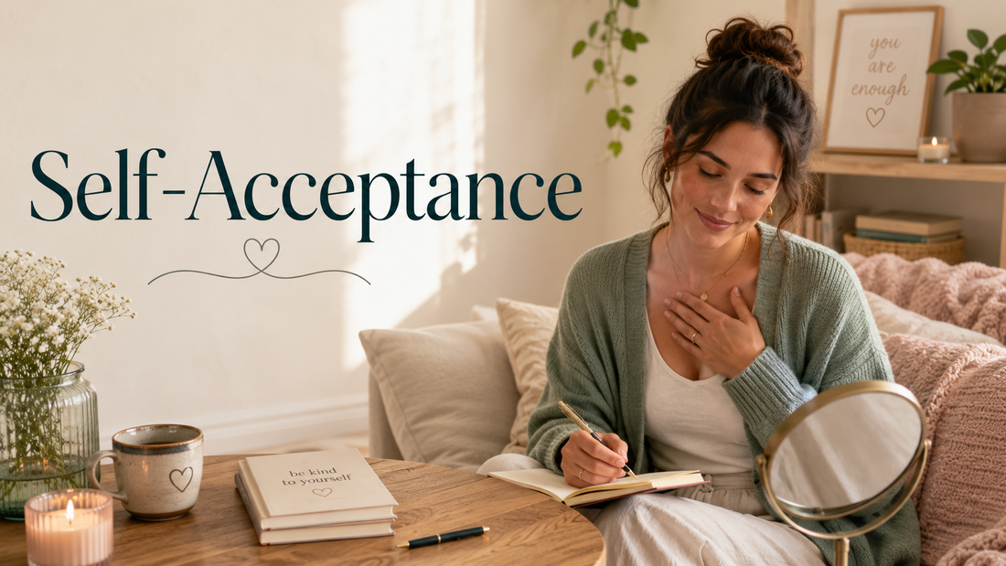Reader-centered hero image for Embrace Your Flaws and Love Yourself, showing a woman gently reconnecting with self-acceptance in a warm home environment.