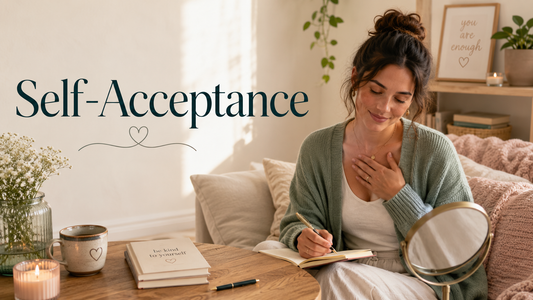 Reader-centered hero image for Embrace Your Flaws and Love Yourself, showing a woman gently reconnecting with self-acceptance in a warm home environment.