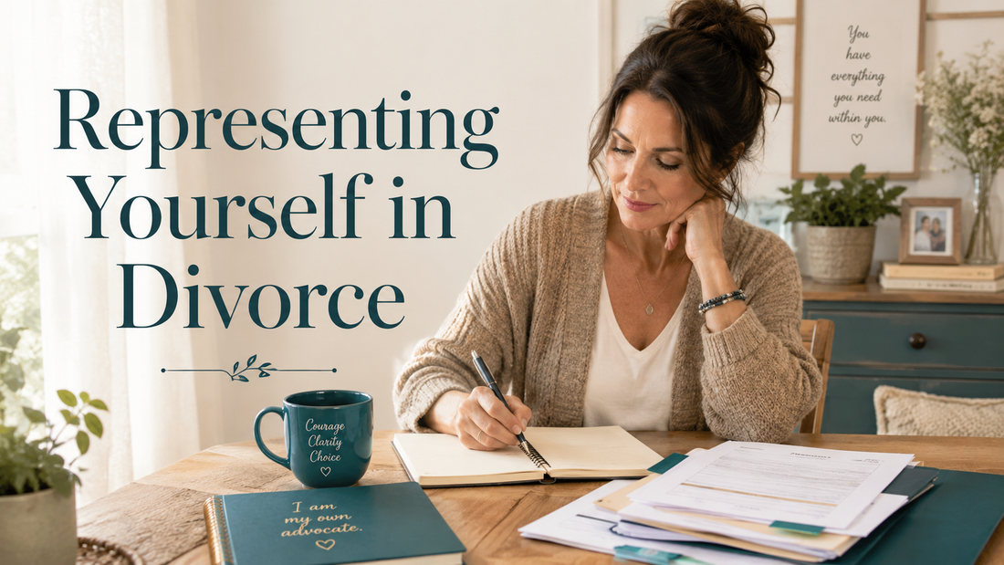 Reader-centered hero image for Empowering Yourself in Divorce, showing a woman focused and steady in a lived-in home office setting.