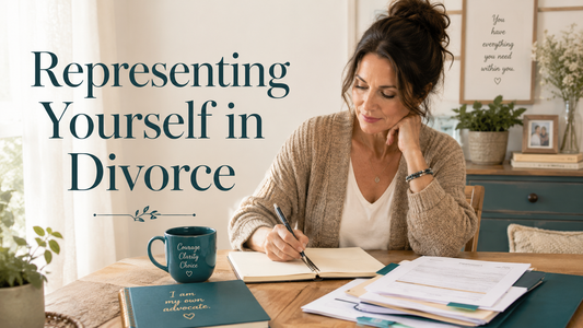Reader-centered hero image for Empowering Yourself in Divorce, showing a woman focused and steady in a lived-in home office setting.