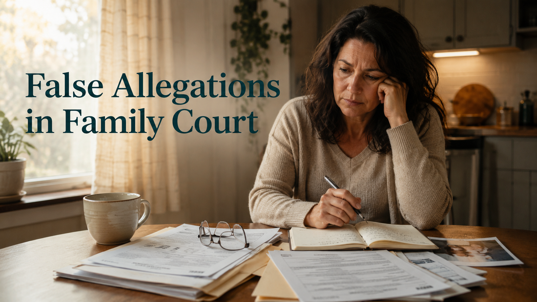Reader-centered hero image for False Allegations in Family Court, showing a parent with paperwork in a private, grounded home setting.