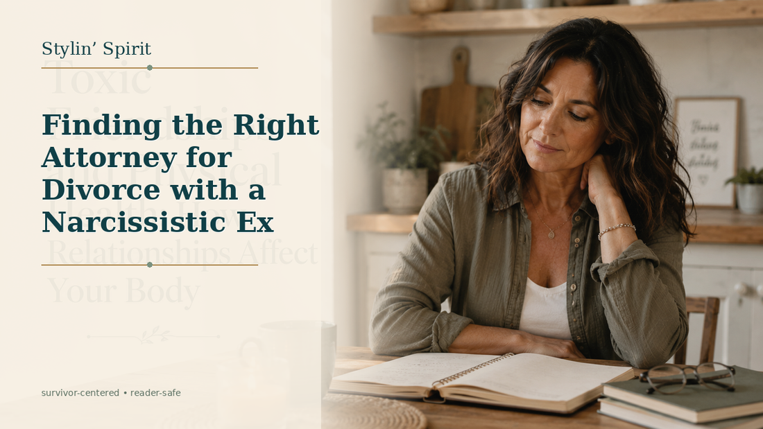 Reader-centered hero image for Finding the Right Attorney for Divorce with a Narcissistic Ex, showing a parent with paperwork in a private, grounded home setting.