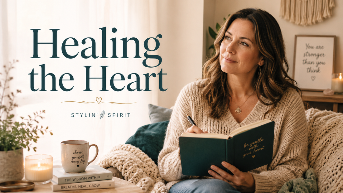 Reader-centered hero image for Healing the Heart, showing a woman in a cozy setting taking small steps toward emotional healing.