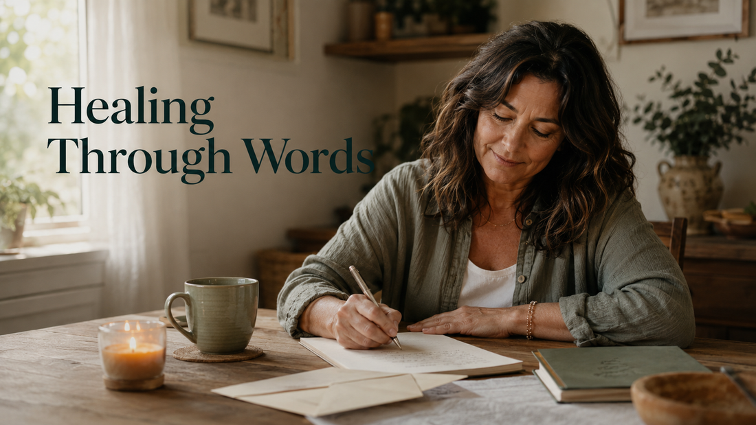 Reader-centered hero image for Healing Through Words, showing a woman writing a letter in a warm, lived-in home setting.