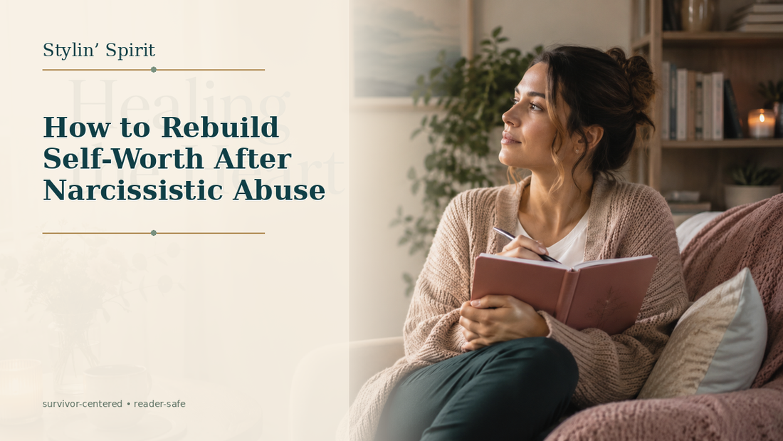 Reader-centered hero image for How to Rebuild Self-Worth After Narcissistic Abuse: A Healing Guide, showing a real woman privately processing her experience in a safe home environment.