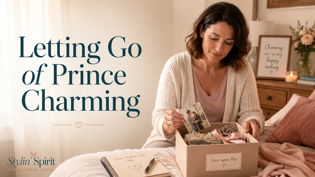 Reader-centered hero image for Letting Go of Prince Charming, showing a woman peacefully letting go of fantasy and choosing herself.