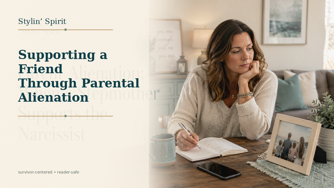 Reader-centered hero image for Supporting a Friend Through Parental Alienation, showing a parent with paperwork in a private, grounded home setting.