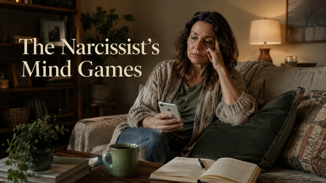 Reader-centered hero image for The Narcissist's Mind Games, showing a woman privately processing manipulation and regaining clarity.