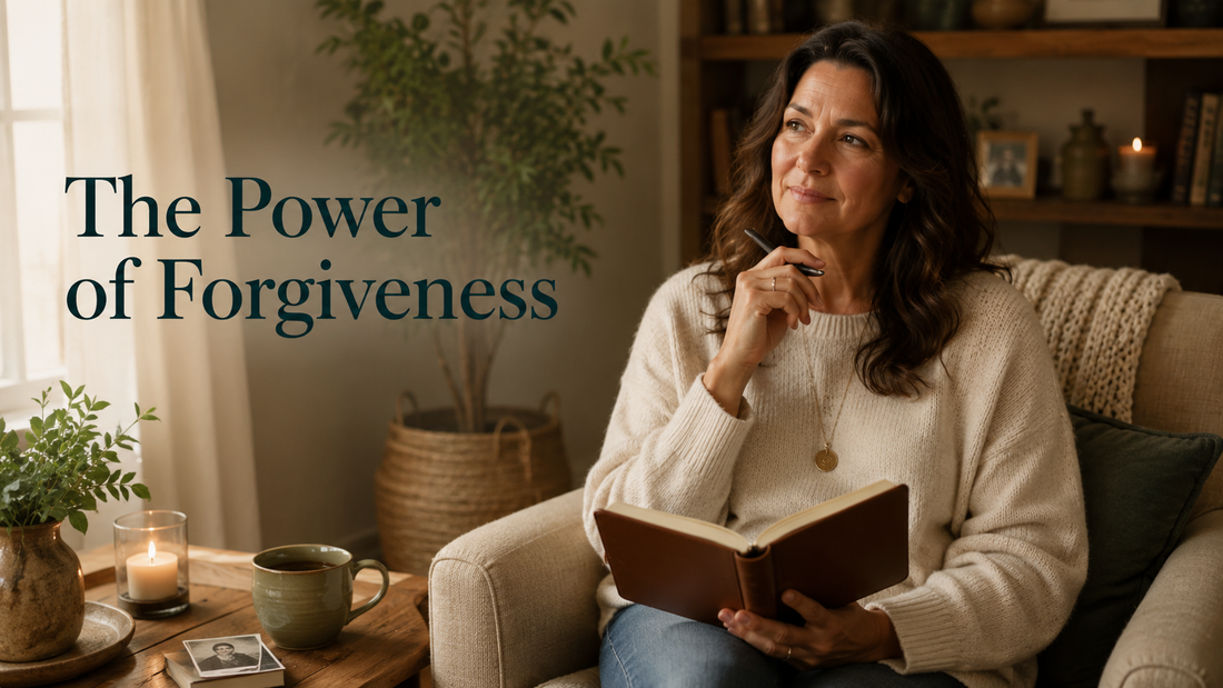 Reader-centered hero image for The Power of Forgiveness, showing a woman reflecting with a journal and keepsake in a gentle home setting.