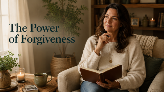 Reader-centered hero image for The Power of Forgiveness, showing a woman reflecting with a journal and keepsake in a gentle home setting.
