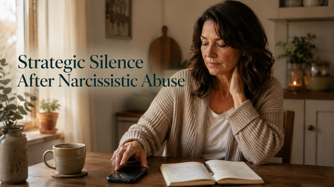 Reader-centered hero image for Strategic Silence After Narcissistic Abuse, showing a woman choosing calm boundaries with her phone and journal nearby.
