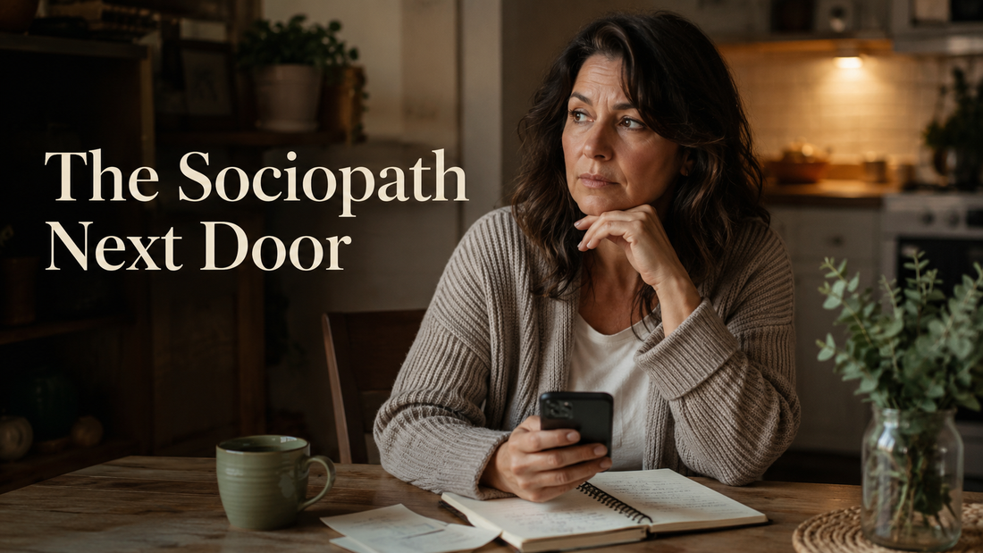 Reader-centered hero image for The Sociopath Next Door, showing a woman privately recognizing deceptive patterns in a safe home setting.