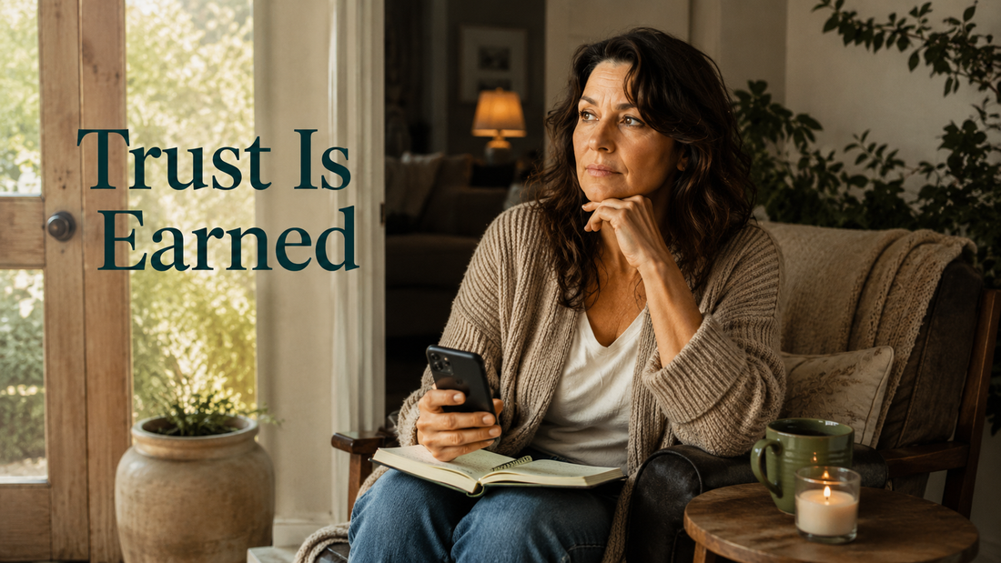 Reader-centered hero image for Trust Is Earned, showing a woman pausing thoughtfully before deciding whether to respond.