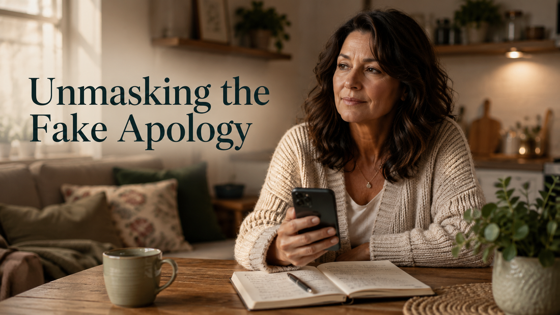 Reader-centered hero image for Unmasking the Fake Apology, showing a woman recognizing an apology pattern while holding her phone and journal.