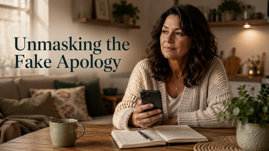 Reader-centered hero image for Unmasking the Fake Apology, showing a woman recognizing an apology pattern while holding her phone and journal.
