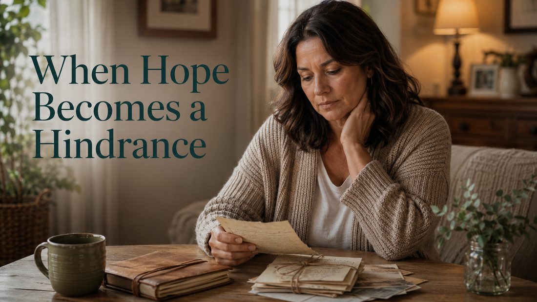 Reader-centered hero image for When Hope Becomes a Hindrance, showing a woman reflecting on old letters and learning to let go.