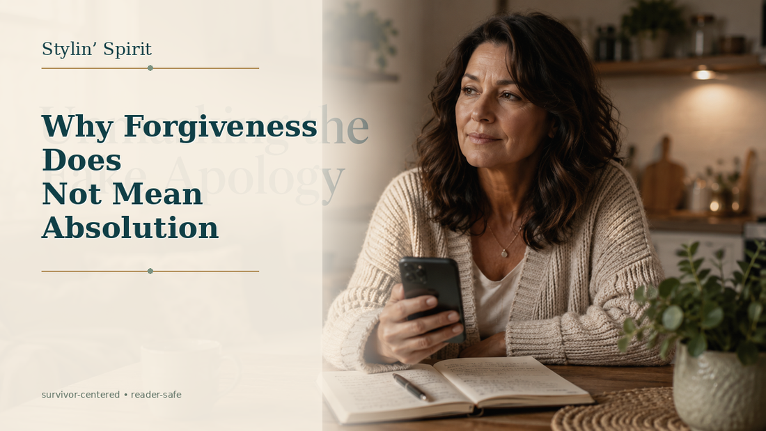 Reader-centered hero image for Why Forgiveness Does Not Mean Absolution, showing a real woman in a calm home setting, reflective and self-advocating.