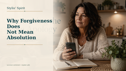 Reader-centered hero image for Why Forgiveness Does Not Mean Absolution, showing a real woman in a calm home setting, reflective and self-advocating.